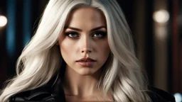 A movie capture, realistic depth, close-up of a platinum-white hair woman, 1girl, (resemblance of ashleyBenson:0.6), wild long hair, dynamic pose, crime drama, {Aesthetics from:Law&Order, CSI, Criminal Minds}, {aaton-penelope: high angle, face shot, 35mm, classic anamorphic feel: barrel distortion, gradual linear focus fall off, oval bokeh, and gorgeous amber lens flares}, atmospheric cinematography, dramatic lighting, wide depth of field, ultra-realistic, {Gestalt Principles, Gestalt Law}, whit