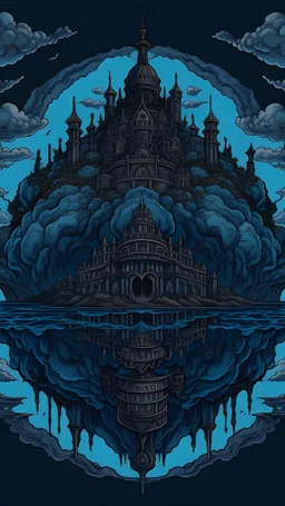 dark, gloomy and detailed sky islands inspired by chrono trigger, mirrored by the sky, dark fantasy style