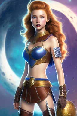 concept illustration, super-detailed, strikingly beautiful teen female, 16 years old, waifu, long ginger hair, medium freckles, full lips, full body, full face, b-cup breasts, athletic, centred camera, ignore NSFW, skimpy brown fantasy leather armor, halter top, micro thong, knee-high leather boots, open leather tasset, stern expression,