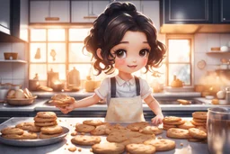 cute chibi brunette girl baking cookies in a modern kitchen in sunshine, watercolor and black in outlines, golden glitter, ethereal, cinematic postprocessing, bokeh, dof