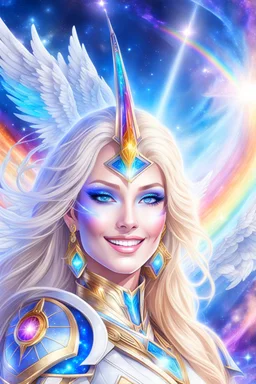 cosmic woman angels smile,admiral high commander from the future, one fine whole face, crystalline skin, expressive blue eyes,rainbow, smiling lips, very nice smile, costume rainbow pleiadian, Beautiful tall woman pleiadian Galactic commander, ship, perfect datailed golden galactic suit, high rank, long blond hair, hand whit five perfect detailed finger, amazing big blue eyes, smilling mouth, high drfinition lips, cosmic happiness, bright colors rainbow, blue, pink, gold, jewels, realist,8k