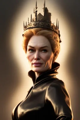 Cersei Lannister as evil queen in black leather and fur, busty, cleavage, curvy, lena headay, angry, stern look. character design by cory loftis, fenghua zhong, ryohei hase, ismail inceoglu and ruan jia. unreal engine 5, artistic lighting, highly detailed, photorealistic, fantasy