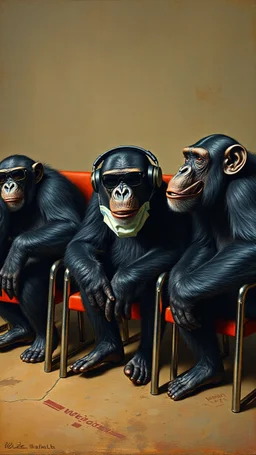 Bosch painting style nightmare, three chimpanzees sitting in a row on chairs , first one is wearing sunglasses, the second one has headphones on his ears, and the third one put a mouth mask on his mouth.