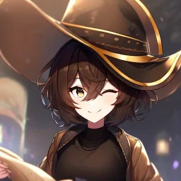 Clear focus, High resolution, short brown spiky hair, hair between eyes, eyes closed, wearing a brown detective hat, wearing a brown jacket and a black shirt, wearing black shorts, 1girl, pulling hat down, smiling, wearing a oversized jacket