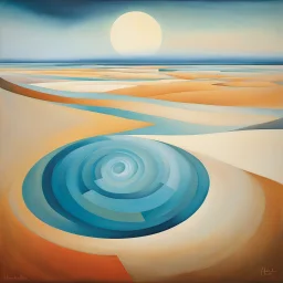 abstract art inspired by Hieronymus Bosch and František Kupka] Gazing across the horizon, a distant structure with short walls emerged from the swirling mists, beckoning with an air of mystery. bare feet sinking into the sand, the desolate landscape. A gentle breeze, the oppressive heat that surrounded. In front: an enigmatic oasis materializes, its fountain promising a moment of respite in this enigmatic journey.