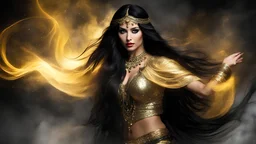Lady Belly Dancer, with long jet black hair, her eyes generate golden flashes of energy, while an aura of golden energy covers her silhouette, in the midst of oscillating black mist while she performs her hypnotic dance.