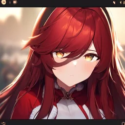 Clear focus,8k,Beatiful Lighting,Beatiful Blur,Beatiful Face,Beatiful Shading,Amber long hair,fluffy hair, long fluffy bangs, Cyan eyes, wearing a red ninja outfit for girls, Extreme Close Up