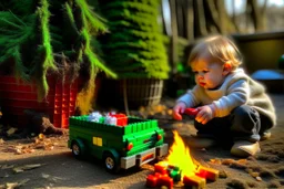 A crying toddler takes a burning car out of a LEGO box marked Land Rover next to the Christmas tree.