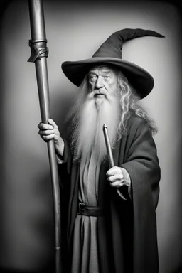 Gandalf with crowbar wand taking serie of BW photos inside photo booth.