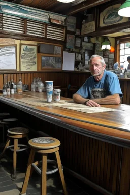 bAn innkeeper waits tables in a surfers' pub