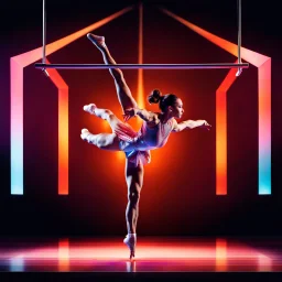 a picture of a gymnast lady show her performance on gymnastic parallel bar in a modern stage made of 3d geometric recursive structures and dynamic color lights