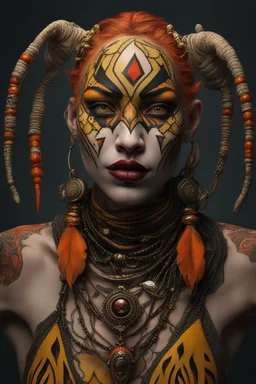 realistic portrait of harley quinn Hyperrealism, Ethereal portrait of a mystical being with tribal features, vibrant orange eyes, reptilian pupils, intricate scale-like patterns around the eyes, pale skin adorned with freckles, tribal tattoo on the nose bridge. Adorned in a weathered yellow tribal mask with dark markings, a central rivet, necklaces of gold, black, and red beads, a rustic red and dark green scarf with intricate designs, and small earrings. Serene expression, intense gaze, desatur