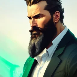 "MIddle aged white human male, with a trimmed but uneven beard, piercing green eyes with slick back hair,complete head and shoulders portrait, 8k resolution concept art portrait by Greg Rutkowski, Artgerm, WLOP, Alphonse Mucha dynamic lighting hyperdetailed intricately detailed Splash art trending on Artstation triadic colors Unreal Engine 5 volumetric lighting Splash art fantasy"