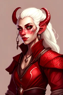A female dnd red tiefling, white hair colour, red skin, snake skin