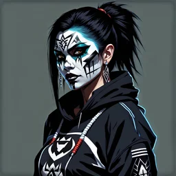Navajo goth female assassin, bold facepaint, sweatshirt, anime style