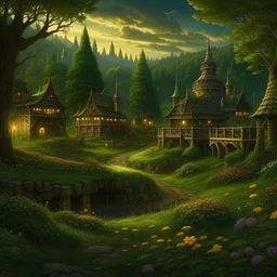 Pagan town, viking art, highly detailed with lush forests, green leafs, flowers, pagan temple with runes, high resolution, 24k, ornate, intricate, complex, digital painting, smooth