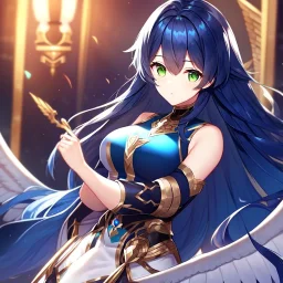 girl, masterpiece, best quality, volumetric lighting, detailed outfit, perfect eyes, dark blue hair, green eyes, long hair, valkyrie,