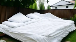 Large white bed sheets are drying next to the house