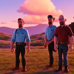 Walter White and his family at a shootout, 8k, realistic face, with a fedora, sunset background,