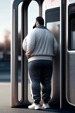 full figure shot back view of a fat guy , timid 45-year-old italian chubby in tracksuit, big buns, at bus stop photorealistic, ambient occlusion, sunlight