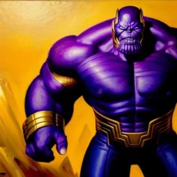 fullbody portrait in oil on canvas of Thanos with Big Golden Hulkbuster armor, intense stare, masterpiece, realistic, intricate detail, sci-fi fantasy style, volumetric lighting, particles, highly detailed ,cinematic , deep colours, 8k, by Robert E Howard and Ken Kelly