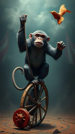Bosch painting style nightmare , 3D , a monkey on wheel in the circus, high Quality picture , 8k