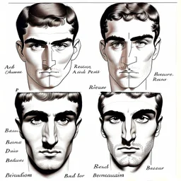 About drawing these features of a man's face Eyes: almond-shaped, medium-sized with defined eyelids and a direct and steady look. nose: a nose with prominent features, straight and with a slightly pointed tip, which can be described as a Roman nose. Mouth: Medium width with defined lips, neither too full nor too thin. Eyebrows: Naturally dense and curved, to match the shape of the face. Mustache: dense and arched following the shape of the upper lip.Chin and jaw: A prominent chin and defined j