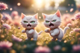 cute chibi angry cats fighting on a flowerfield in sunshine, ethereal, cinematic postprocessing, dof, bokeh Weight:1 detailed matte painting Weight:0.9