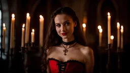 Professional and very high quality photo portrait of beautiful slender caucasian young teenage girl with red lipstick. She has long dark brown hair. She has a small bosom. She is wearing a red satin corset and a dainty choker. She is in a dark castle at night lit by small candles. She smiles directly at the viewer.