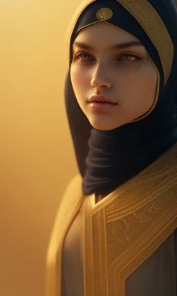 Arab teen girl , cute, beautiful, long hair, wavy hair, black eyes,She wears an Arab abaya، head and shoulders portrait, cinematic, 8k, resolution concept art portrait by Greg Rutkowski, Artgerm, WLOP, Alphonse Mucha dynamic lighting hyperdetailed intricately detailed