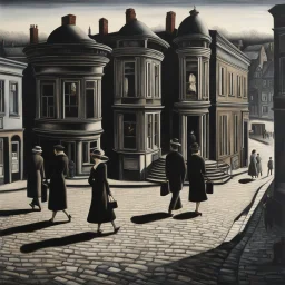 People walking on a street, Paul Delvaux style, odd, naïf, paranoic, photorealism