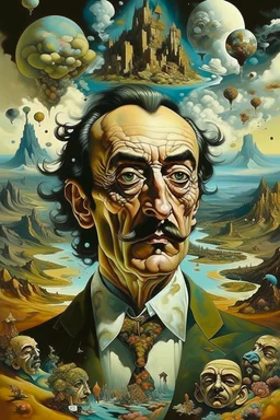 The painting of Salvador Dali in the style of grotesque caricatures, hyperrealistic landscapes, #pixelart, richly detailed genre paintings, time-lapse photography, haunting structures, zombiecore , in the style of quirky figurative ian spriggs paul barson comical figurative jim lively.