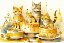 beautiful composition, cat birthday party with cake, watercolor and ink, golden glitters in ochre in sunshine