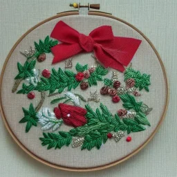 exquisite whimsical christmas candy in embroidery hoop, intricate, highly detailed, linen and wood backdrop