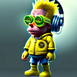 Bart Simpson toddler, steampunk headphone, sunglass, gangsta neckless, full body, yellow puffer jacket, tokio background, dramatic lighting, hyper realistic, unreal engine 5, 16k