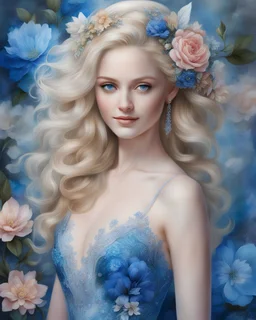 smiling blonde with a complex hairstyle, in a beautiful dress, dress with flowers, photo realism, huge blue eyes, delicate shades, electric blue, shimmer, surrealism, careful drawing of details, quartz threads, volumetric watercolor, aesthetically pleasing, 3D, professional photo, realistic photo, dark botanical, dark fantasy, detailed, illustration, 64k, 1/500s, f/5.6, ISO 150 long shot