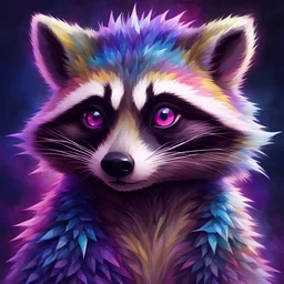Raccoon that is very drago light with mottled colors of pink purple blue and yellow that blend in together and purple scales and blue spikes wicked looking, masterpiece, best quality, in anime portrait art style