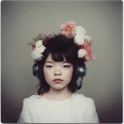 Polaroid head shot of young Bjork, big pouty lips, red nose, hair adorned with flowers, rosy cheeks and rosy nose, headphone