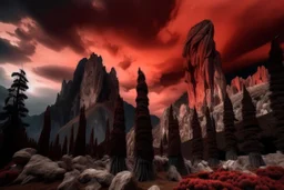 mountains, a gloomy rocky landscape, cypresses stretching up in the foreground, rocks and a bloody sky in the background