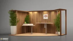 Corner exhibition stand in light colors with wood elements and greenery with two meeting areas