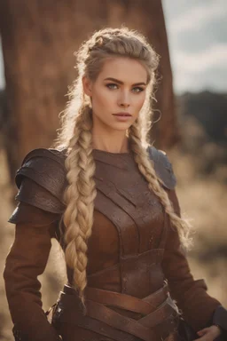 A beautiful woman with blond hair, viking braids Brown leather armor.