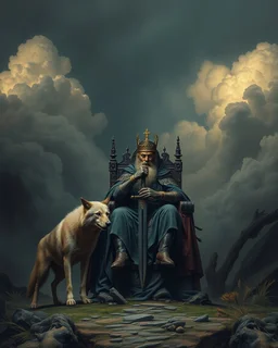 Bosch painting style, nightmare , the king with a sword sitting on a throne with two wolves , great quality picture with cinematic scenes , heavy clouds in the background