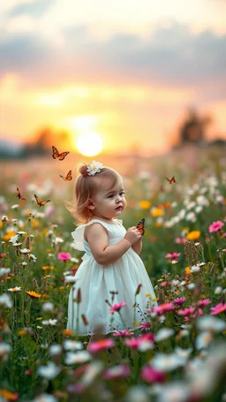 A baby girl with a white dress standing in beautiful colorful meadow of wild flowers floral background, landscape with white or pink flowers with sunset and blurred background. Soft pastel Magical nature copy space evening not bright the girl is surrounded by butterflies