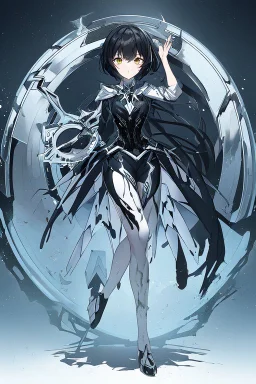 Anime girl with short black hair and sharp green eyes, holding a pike, full body black and white metal plate armour, full body shot, Dramatic lighting,1woman, soaked in blood, standing pose, close shot, lean body,