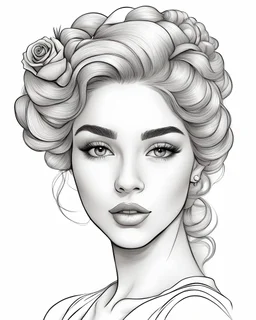 outline art for a gorgeous and sweet lady face, french twist, rose in her hair, coloring page, white background, sketch style, only use outline, clean line art, white background, no shadows and clear and well outlined