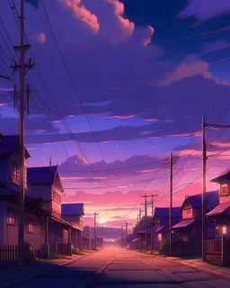cidade pequena interior céu roxo anime