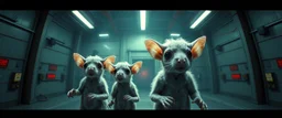 fluffy rat elf vampire family scumbag in the cinema the style of Escher and Giger and Fallout 4, pinhole cam, airbrush 3d rendering, on tv screen:A five-second cinematic single take in a clean industrial presentation hall.