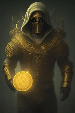 running berserker portrait , no face, black jogging suite , in the night Alps , holding coins , angels background, volumetric gold light, high detail, dark leaf tree, dark mountains in background, perfect, HR Giger style