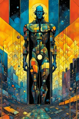 Create a chaotic abstract cubist Tarot Card depicting a full body post apocalyptic, Strength , with highly detailed facial features, in the style of Bill Sienkiewicz, Philippe Druillet, Gustav Klimt, and Jean Giraud Moebius, precisely drawn, colored and inked