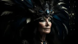 A middle-aged Caucasian woman with long dark hair wearing an elaborate headdress with feathers and crystals, set against a dark, mystical background with swirling patterns and textures